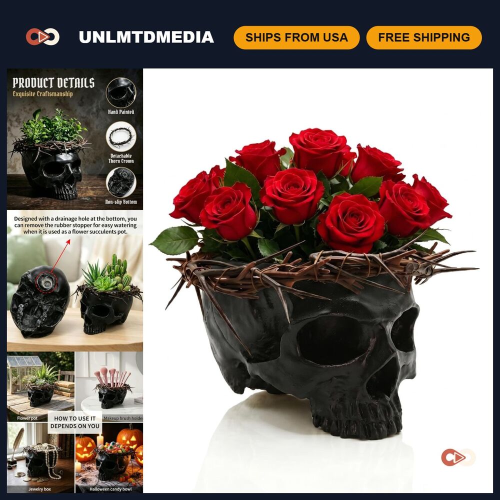 Halloween Skull Planter Pot with Removable Thorn Crown - Candy Bowl, Black Decor